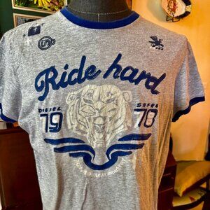 Vintage Diesel "Ride Hard" logo  Muscle Tee Shirt X-Large Gray and Blue